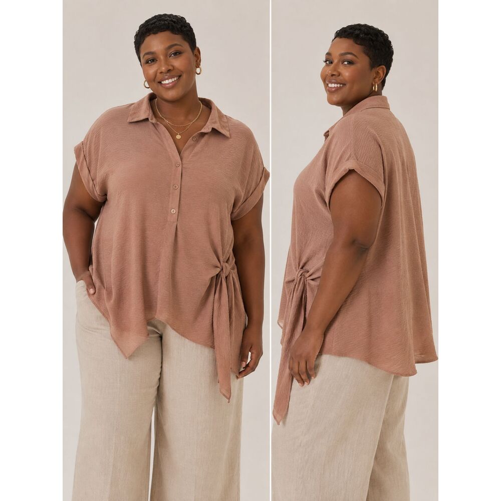 Nina Leonard Collared Button Placket Tunic - Dusty Rose/Blush - Size 1X